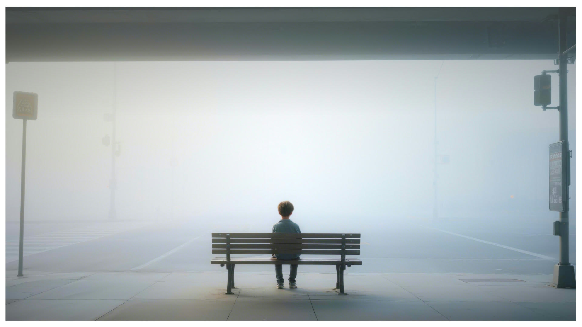 A child sitting alone on a bench in a foggy street
