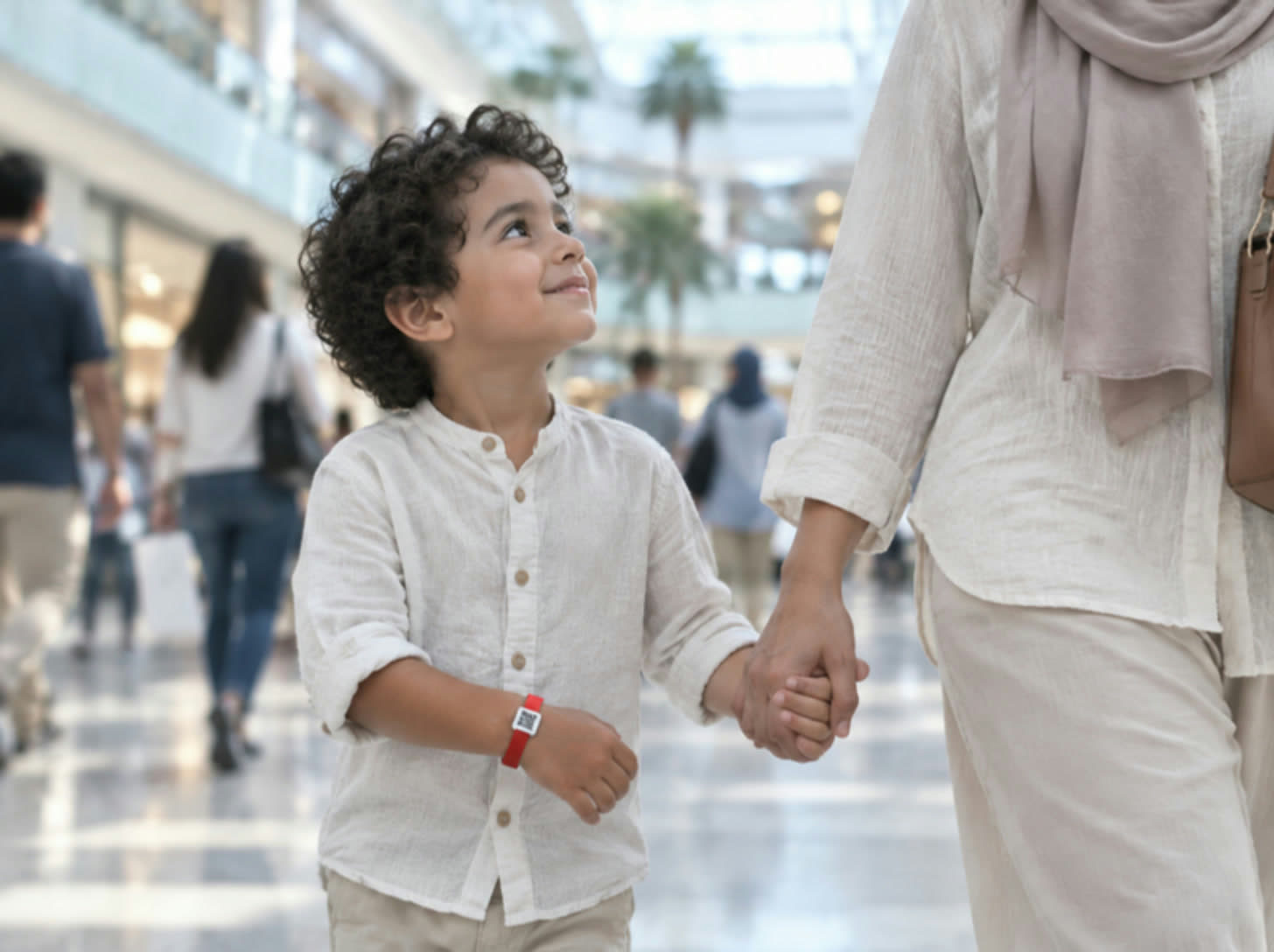 A boy holding his mother's hand in a mall, wearing a red LAZ bracelet